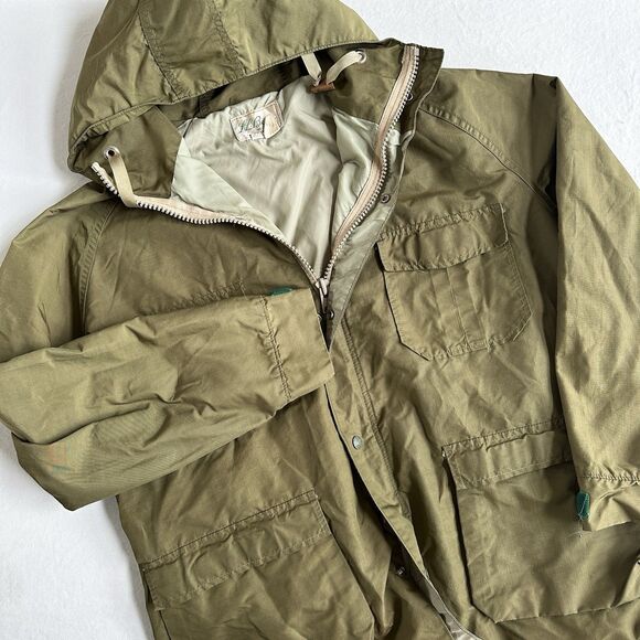 VTG 70s LL Bean Cursive Label Green Hooded Rain Parka Jacket Mens L